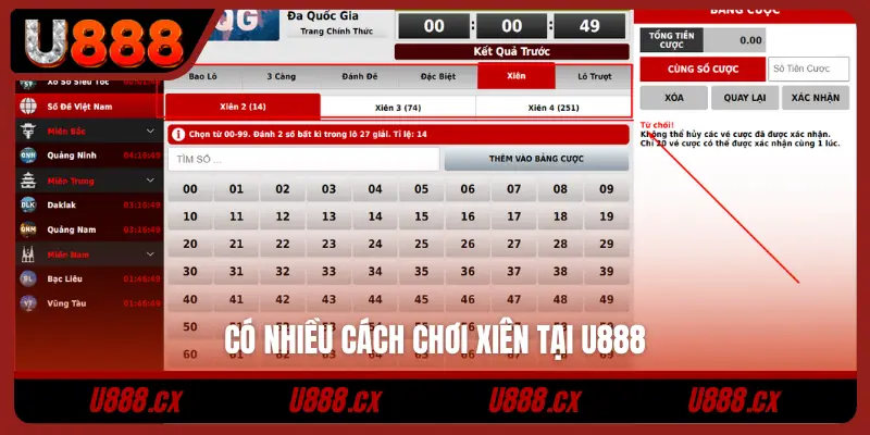 Có nhiều cách chơi xiên tại U888