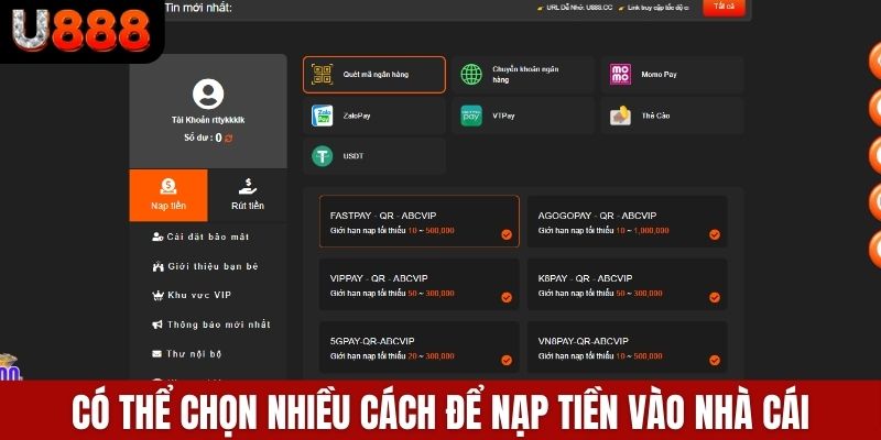 Có thể chọn nhiều cách để nạp tiền vào nhà cái
